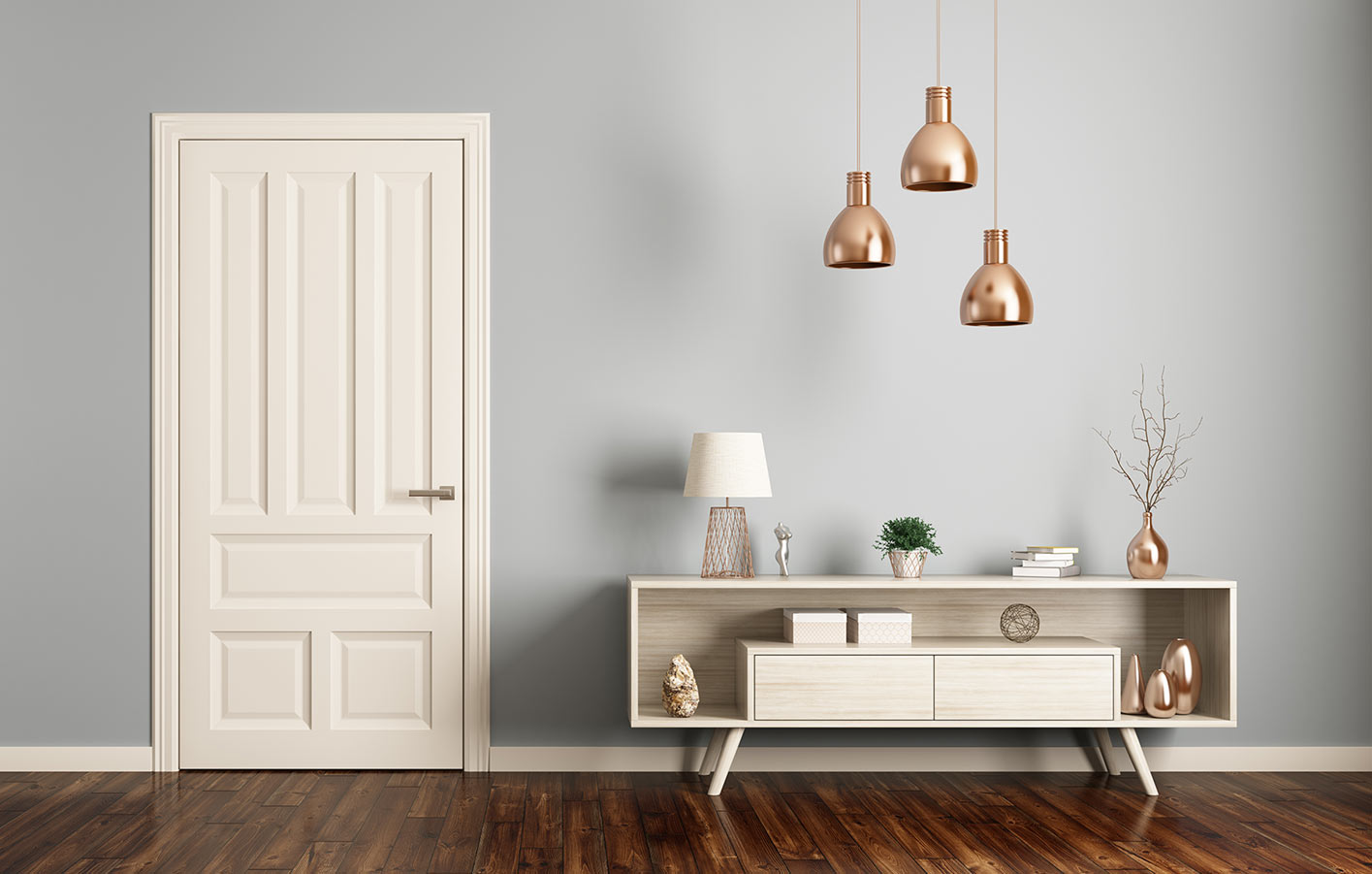 Bei uns erhalten Zimmer- und Innentüren in den verschiedensten Varianten und Stilen Weiße Kassettentür in modern eingerichtetem Zimmer